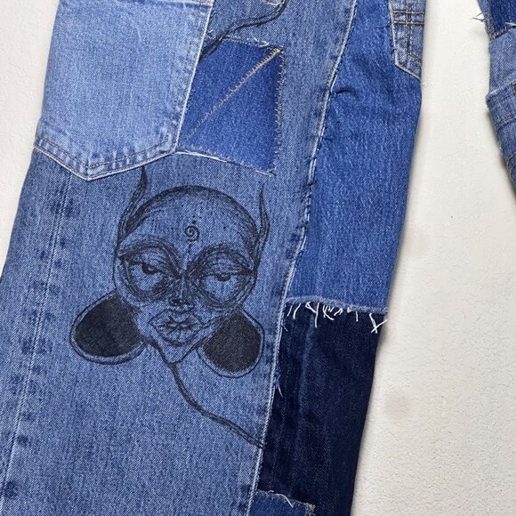 TERRIFIED CREATURE Custom Made DiY Patchwork Women 30 Denim Jean Pant Button Fly - Picture 11 of 16